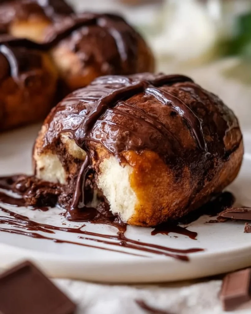Delicious chocolate brioche hot cross buns displayed on a rustic wooden table.
