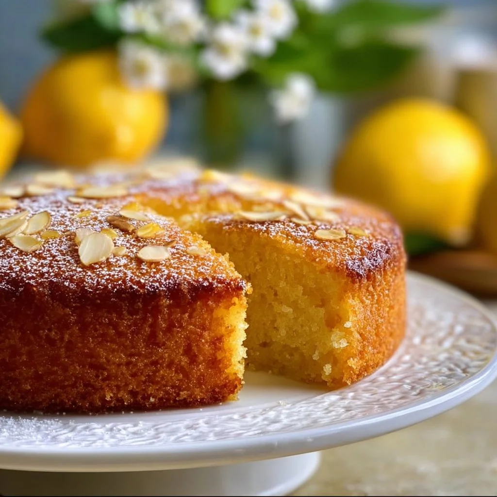 Classic almond flour lemon cake with a moist texture and lemon zest topping