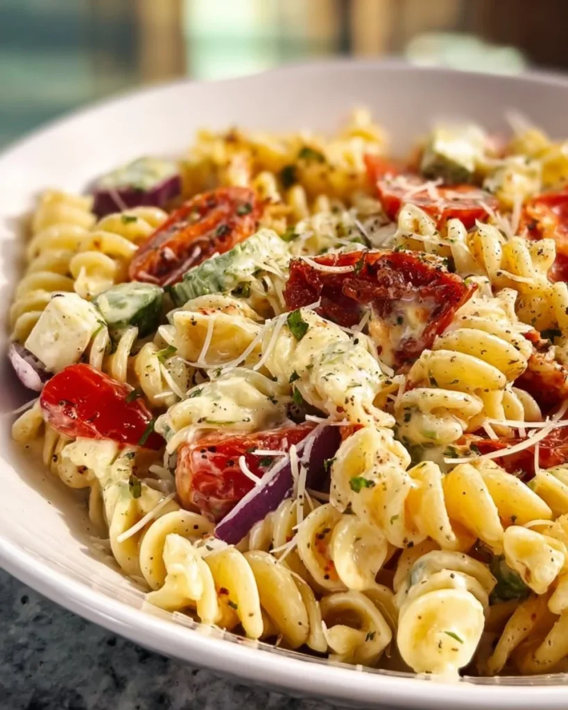 Delicious classic pasta salad with colorful vegetables and dressing in a bowl