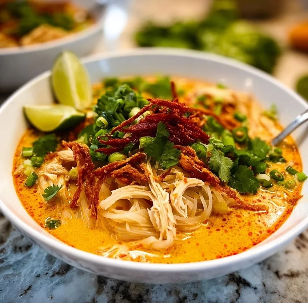 Delicious bowl of Coconut Curry Pho garnished with fresh herbs and spices.
