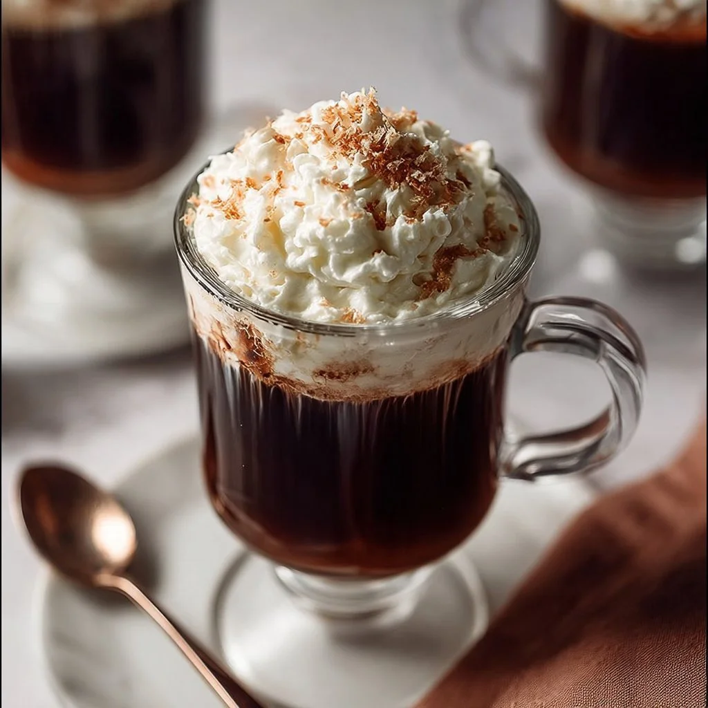 A steaming mug of non-alcoholic Irish coffee topped with whipped cream and cocoa.