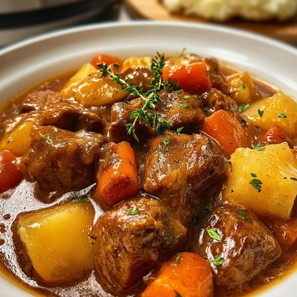 A bowl of comforting Instant Pot Irish stew with vegetables and tender meat.