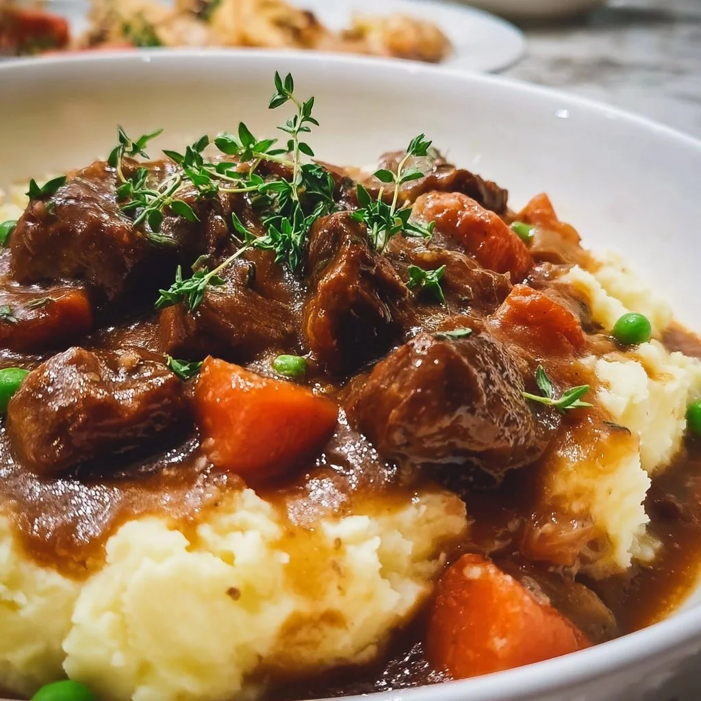 Bowl of comforting Irish stew with creamy mashed potatoes