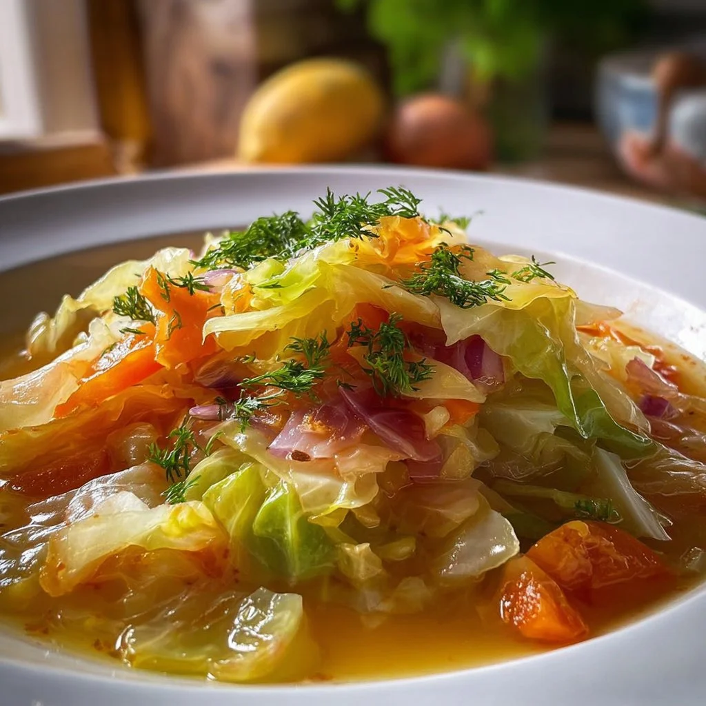 Bowl of cozy cabbage soup with fresh ingredients and herbs on a wooden table.