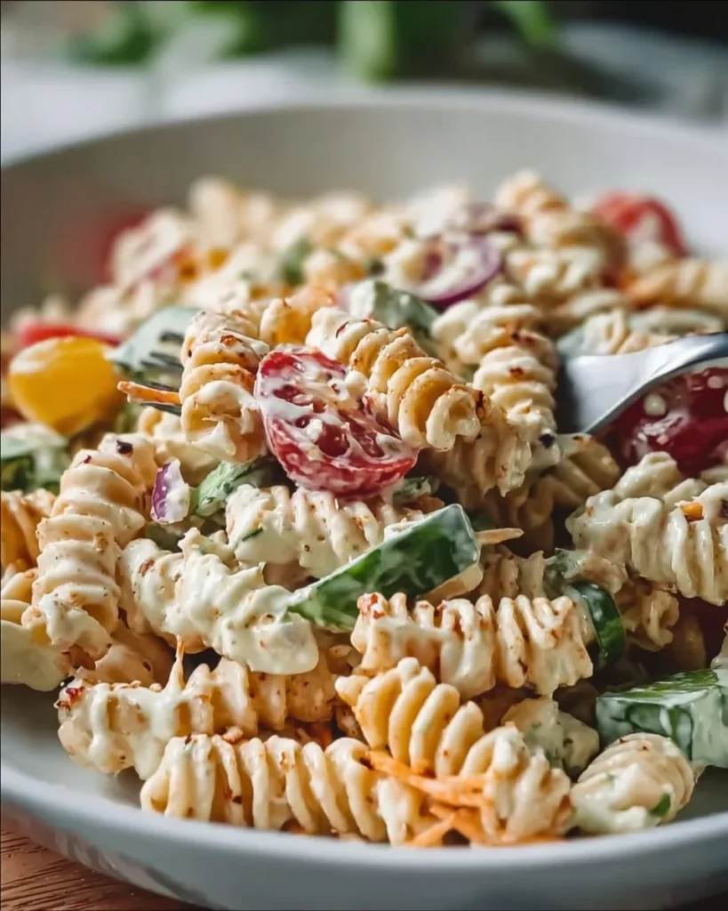 Delicious creamy Italian pasta salad with fresh vegetables and herbs