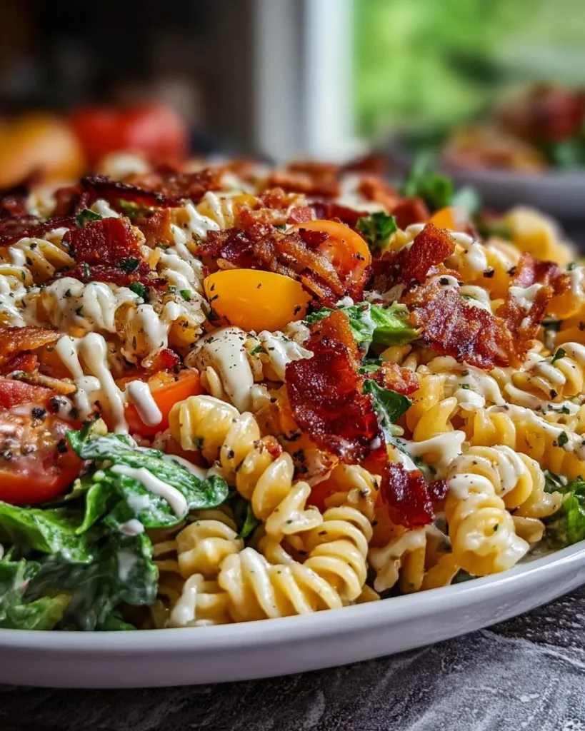 Crispy Creamy BLT Pasta Salad served in a bowl with fresh lettuce and tomatoes