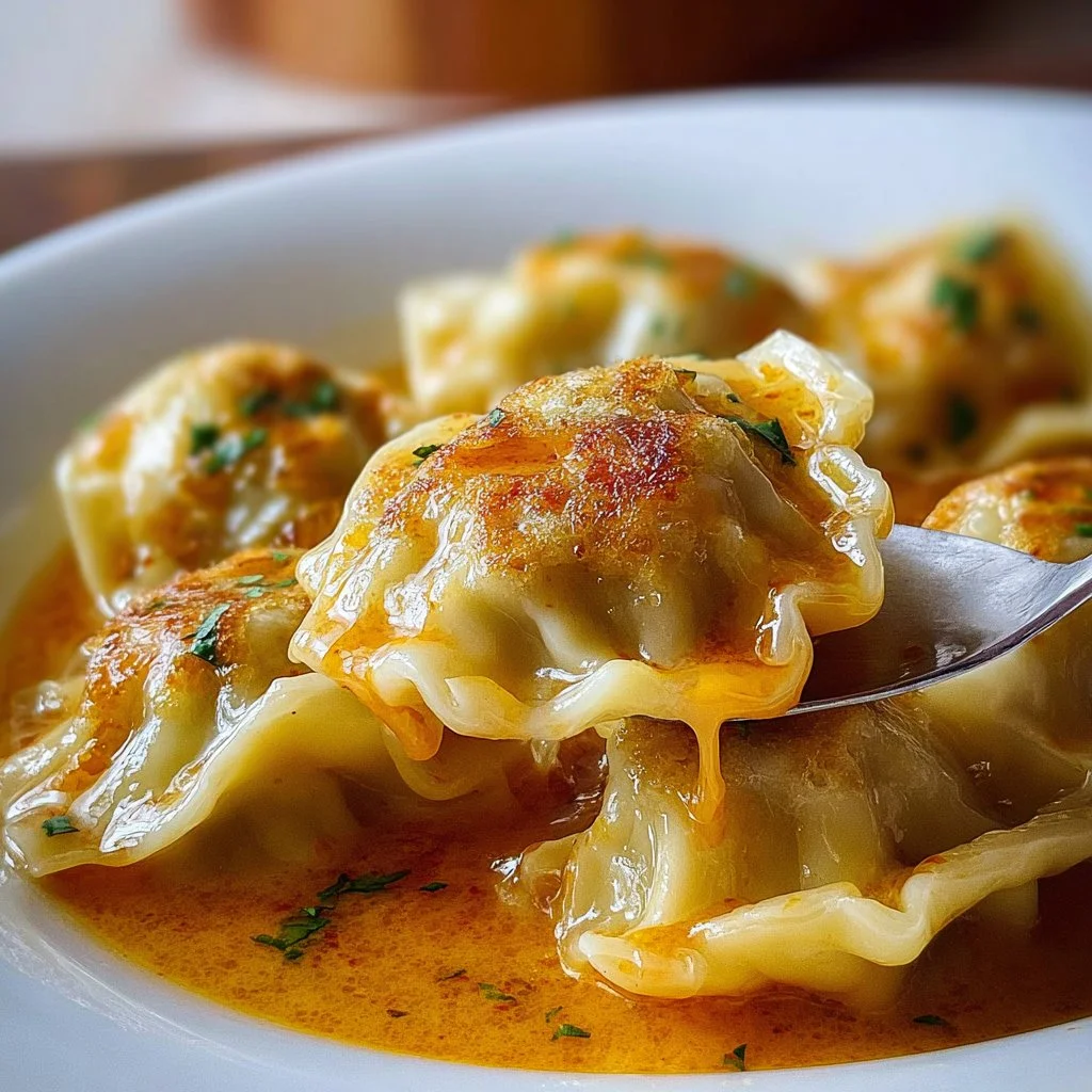 Bowl of delicious Curry Dumpling Soup garnished with fresh herbs.