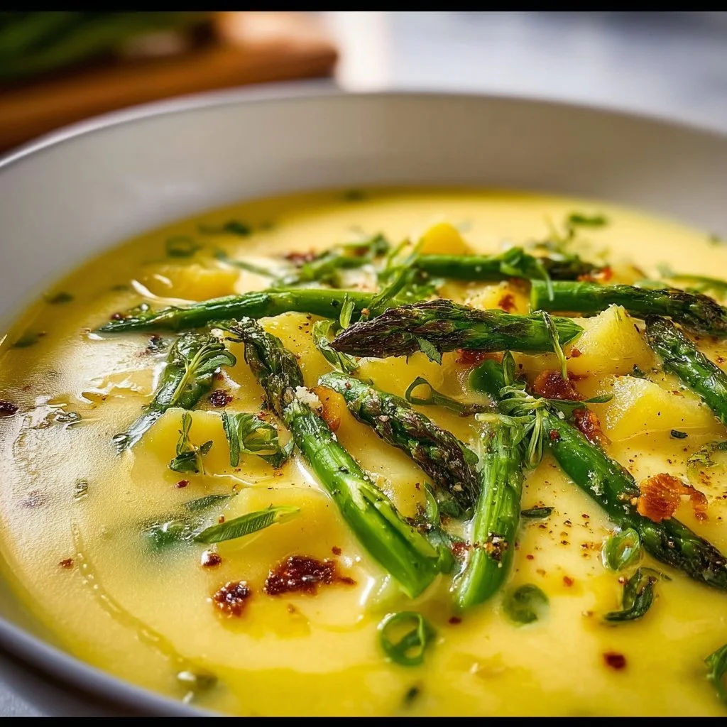 Bowl of dairy-free asparagus potato soup garnished with fresh herbs.