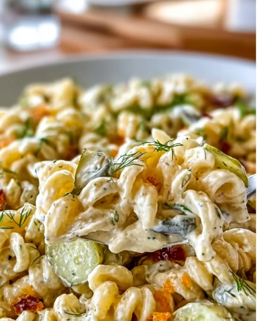 Bowl of Dill Pickle Pasta Salad garnished with fresh herbs