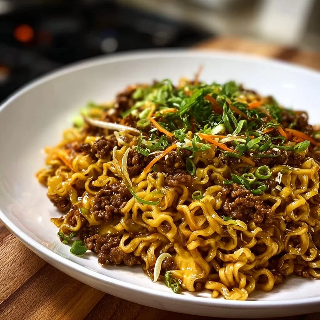 Delicious bowl of easy beef ramen noodles topped with green onions and beef slices