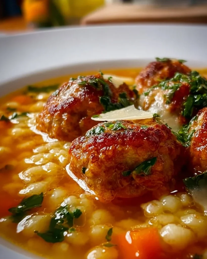 Bowl of easy chicken meatball soup with fresh herbs and vegetables