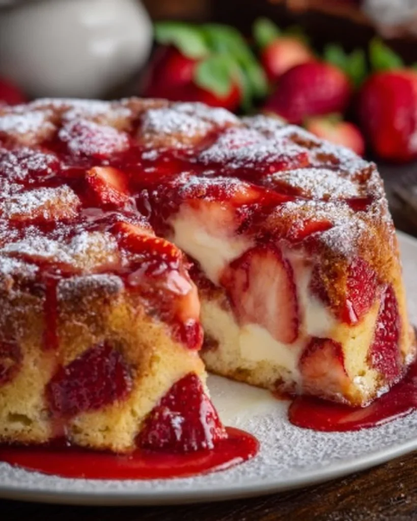 Easy strawberry cake topped with homemade strawberry sauce and fresh strawberries