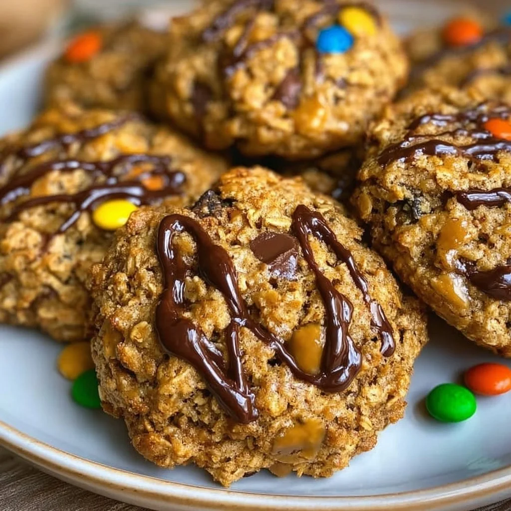 Flourless Monster Cookies filled with oats and chocolate chips