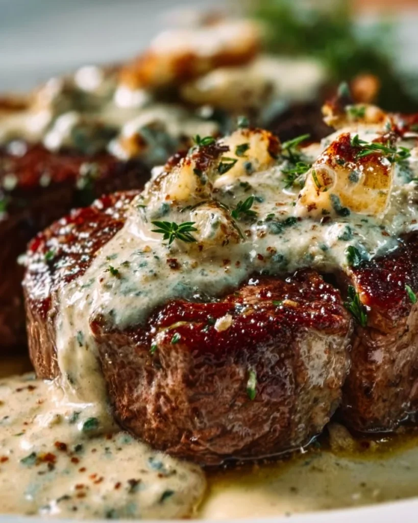 Garlic butter steak topped with rich parmesan cream sauce on a plate.