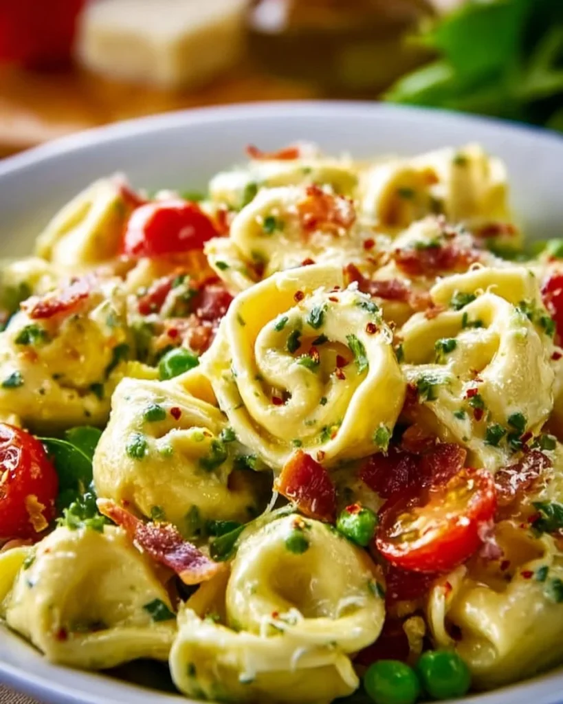 Delicious Garlic Parmesan Tortellini Salad in a bowl with fresh ingredients.