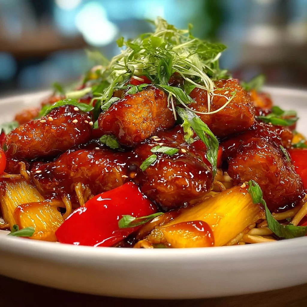 Delicious glazed pineapple chicken stir fry served in a bowl