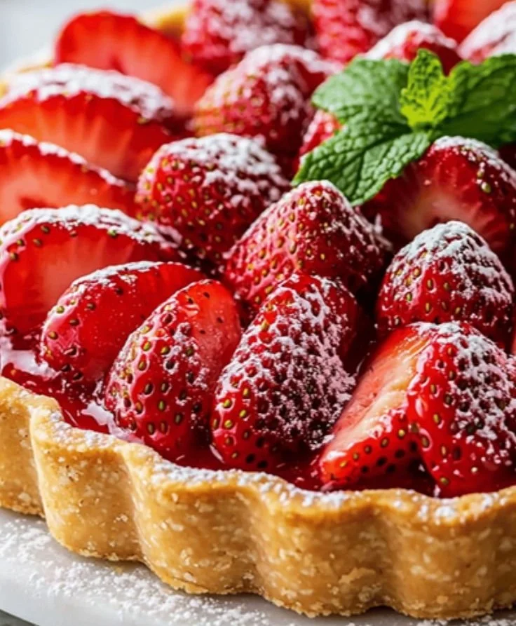 Delicious glazed strawberry tart topped with fresh strawberries and shiny glaze