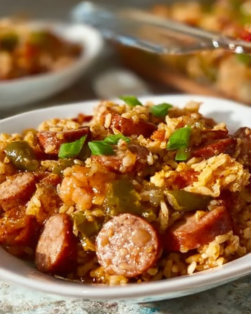 Bowl of Grandma's Jambalaya with rice, shrimp, and vegetables