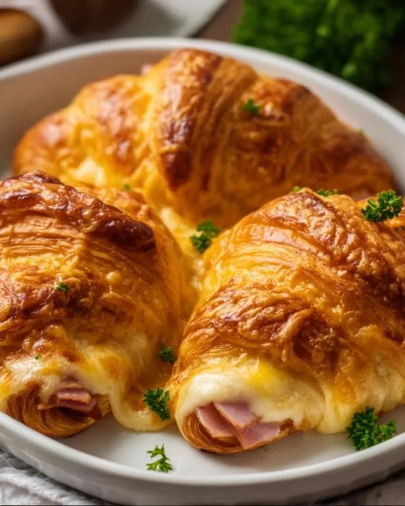 Freshly baked ham and cheese croissants on a plate