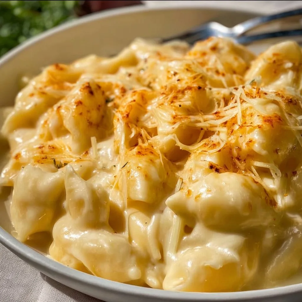 Bowl of homemade white cheddar mac and cheese topped with breadcrumbs
