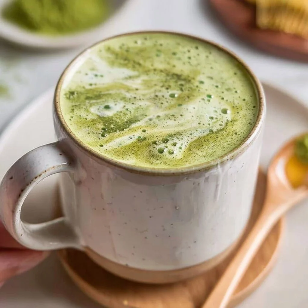 A steaming cup of hot matcha collagen latte topped with frothy foam.