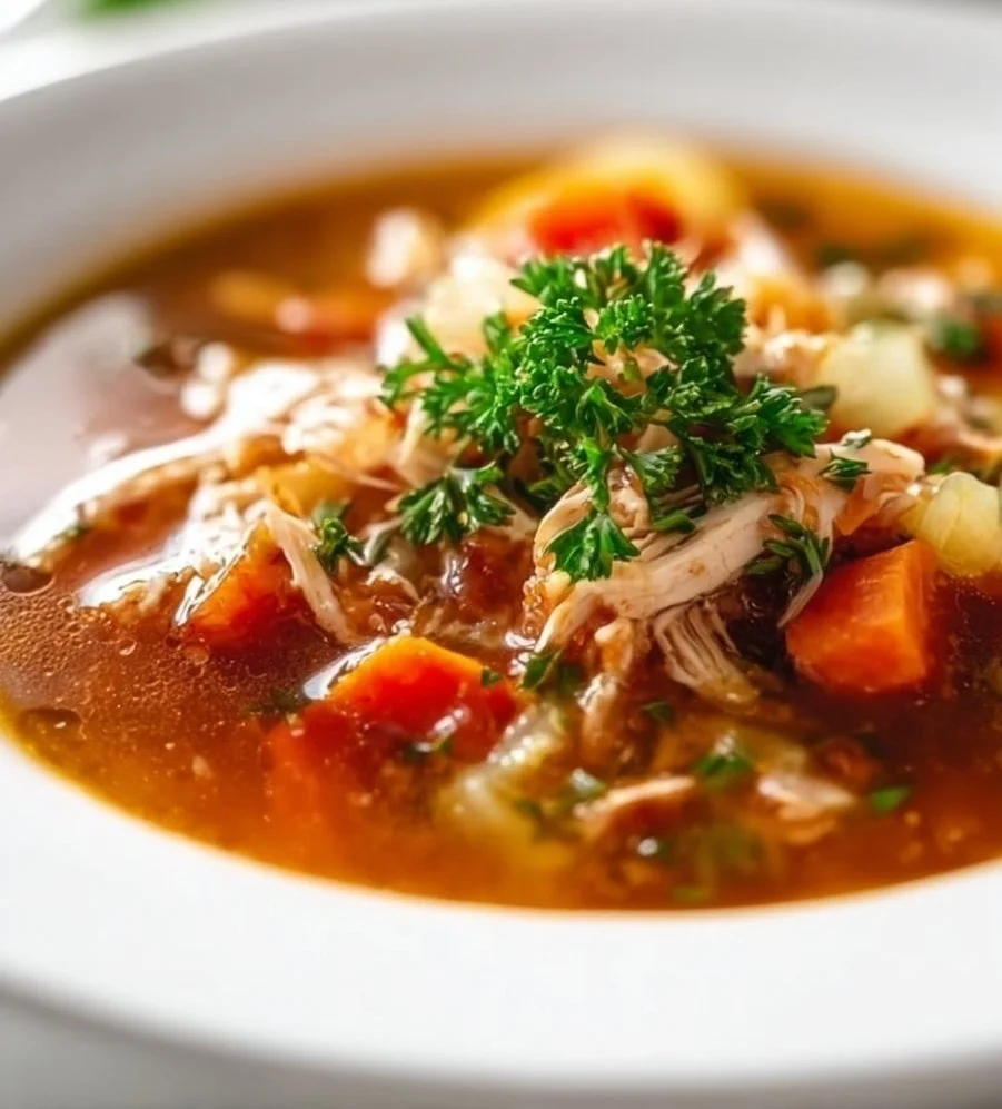 Bowl of low carb keto chicken soup with herbs and vegetables