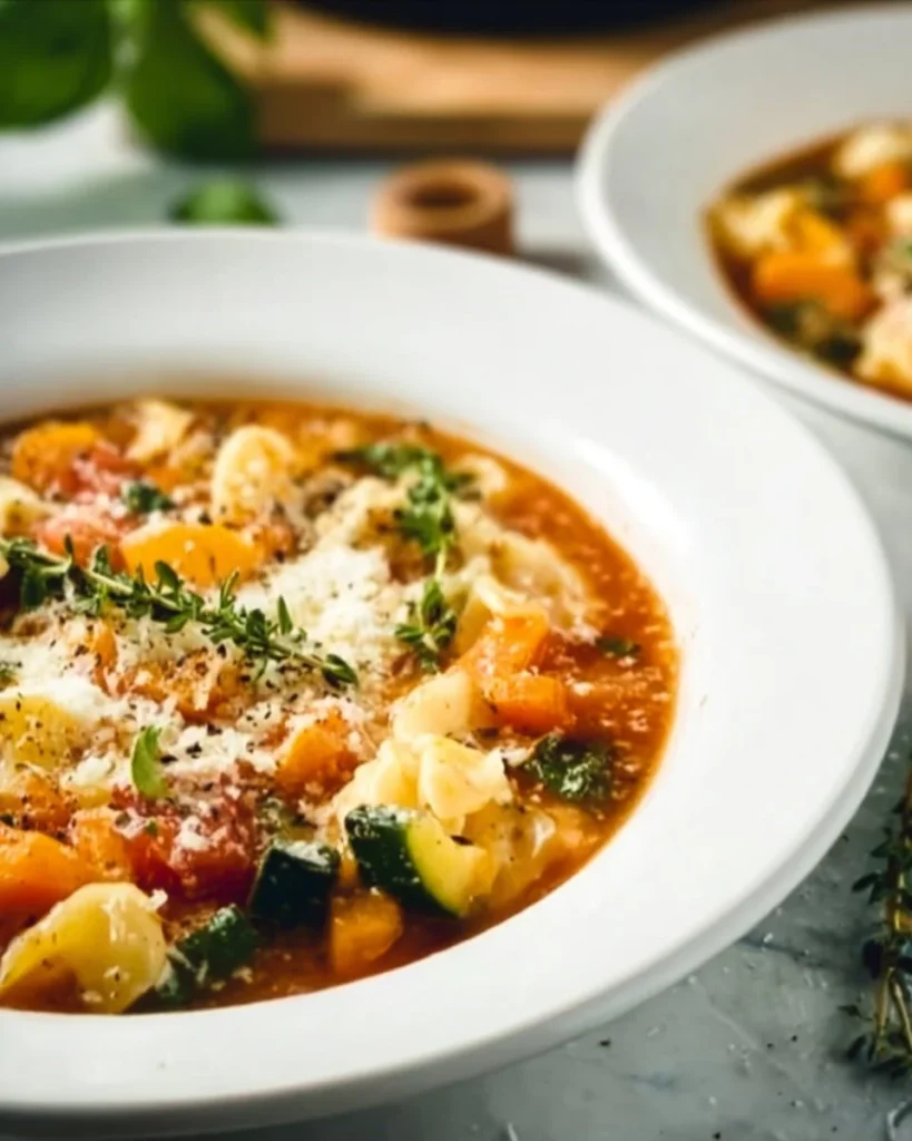 Bowl of homemade minestrone soup with vegetables and beans