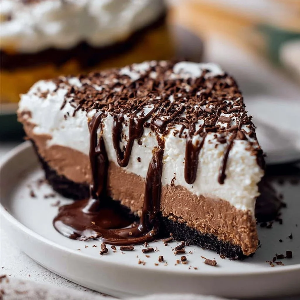 Delicious No Bake French Silk Cheesecake served on a plate with chocolate shavings