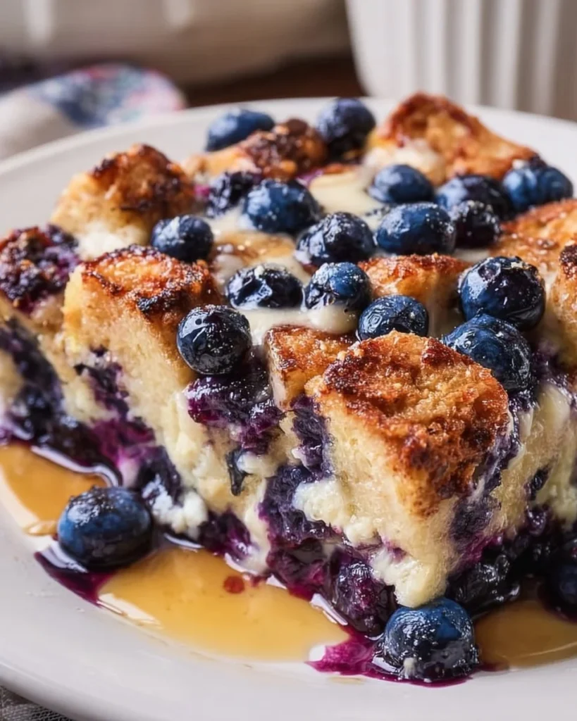 Quick blueberry French toast casserole served on a plate with fresh blueberries