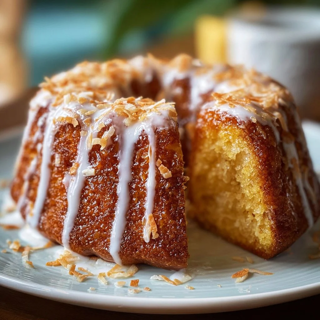 Delicious rich coconut bundt cake with tropical flavors and a creamy glaze