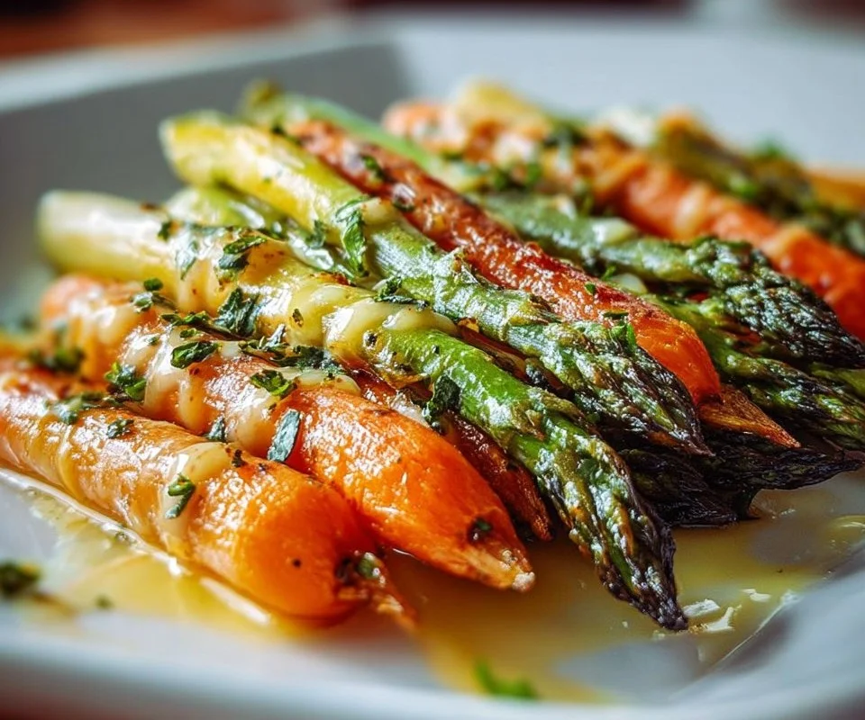 Bowl of roasted asparagus and carrots, a colorful and healthy side dish.