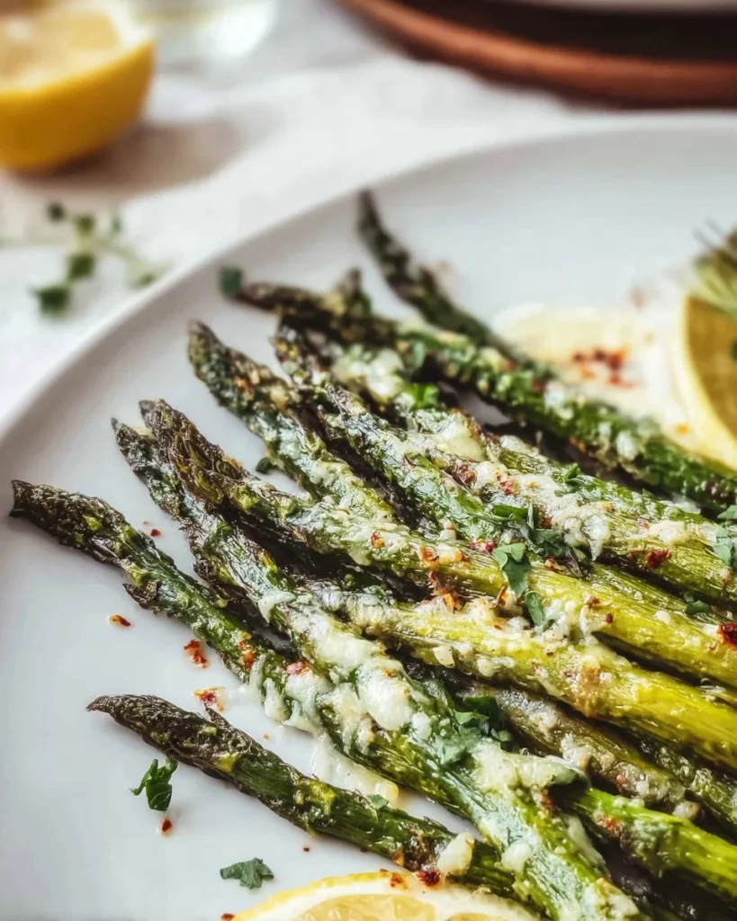 Roasted Parmesan asparagus ready to serve on a plate