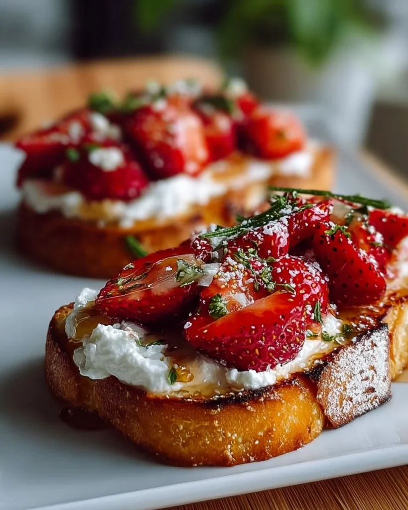 Roasted strawberry whipped ricotta toast topped with fresh strawberries and mint
