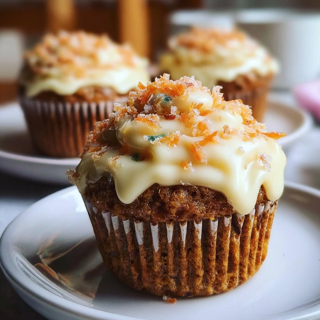 Spiced carrot cake cupcakes with cream cheese frosting on a wooden table