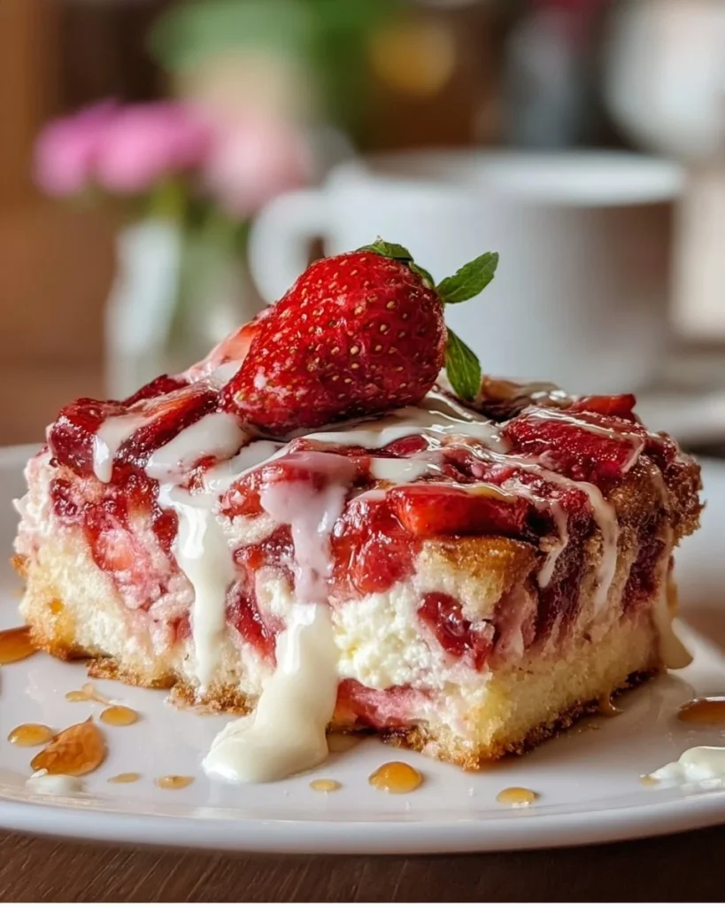Delicious Strawberry Earthquake Cake topped with fresh strawberries and cream