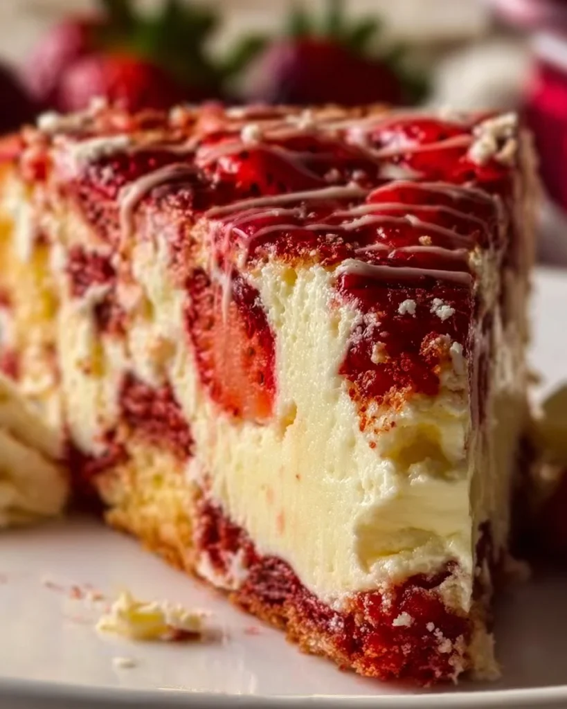 Delicious Strawberry Earthquake Cake topped with fresh strawberries and cream cheese frosting.