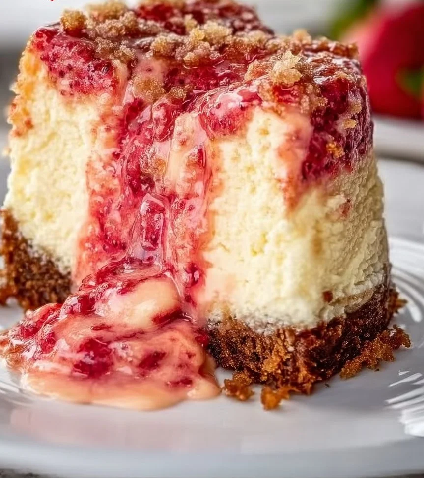 Strawberry shortcake cheesecake topped with fresh strawberries and whipped cream.