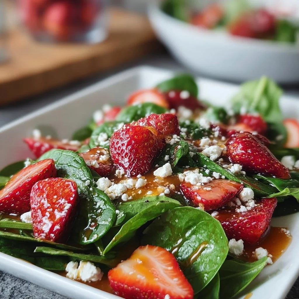 Delicious Strawberry Spinach Salad with Feta cheese and fresh ingredients