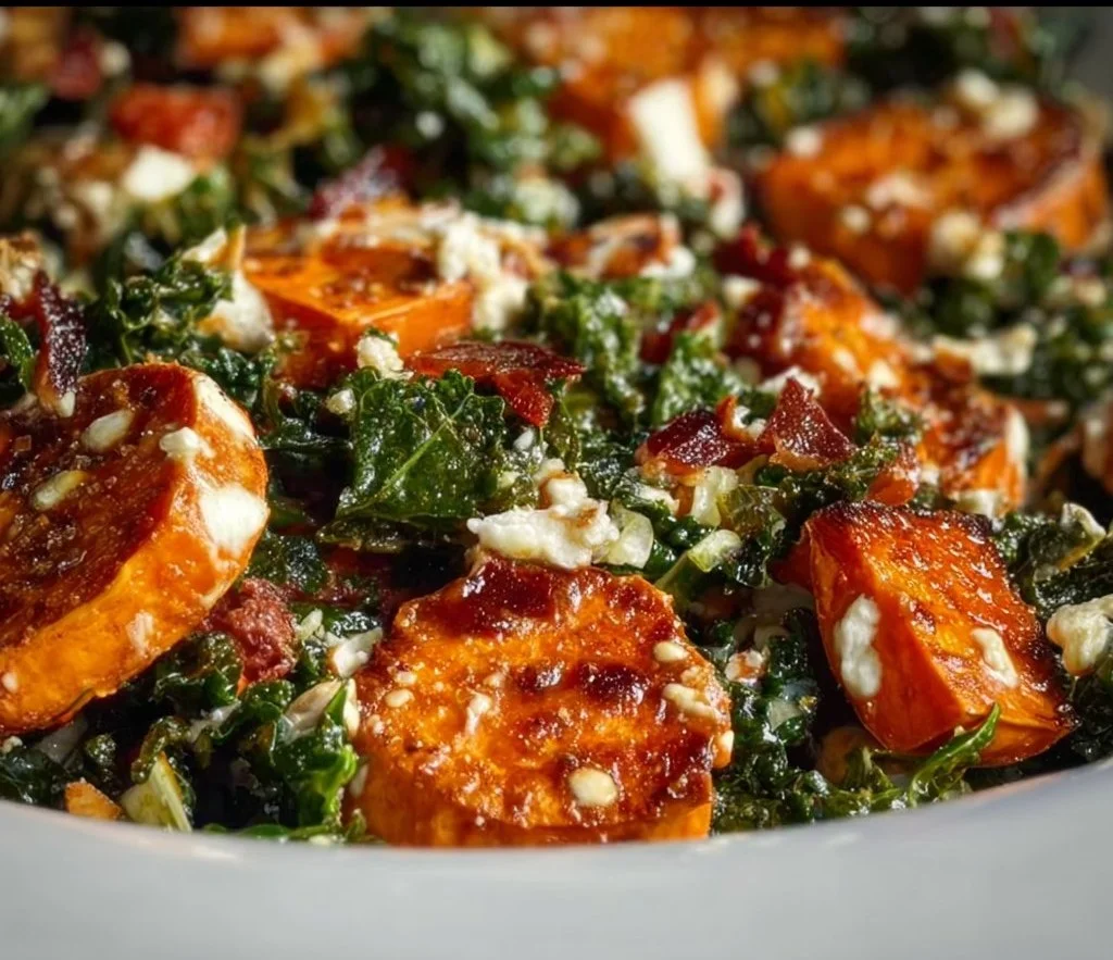 Vibrant sweet potato kale salad with colorful vegetables and a healthy dressing