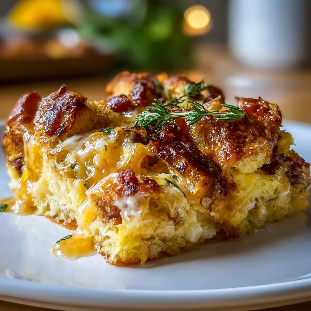 Delicious croissant casserole served in a baking dish with fresh herbs.