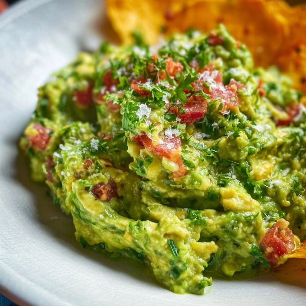 Bowl of fresh guacamole made with ripe avocados, tomatoes, and lime