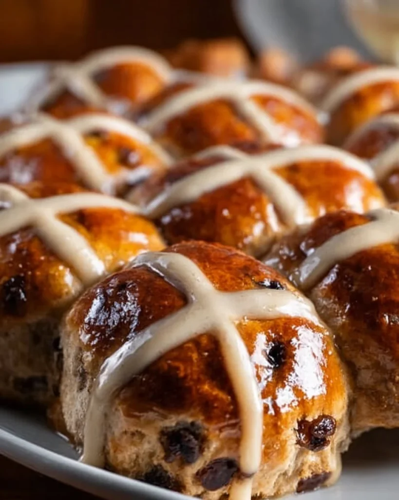 Freshly baked traditional hot cross buns with spices and currants