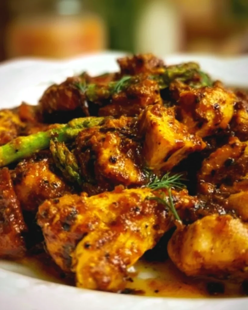 Delicious turmeric black pepper chicken served with vegetables on a plate.