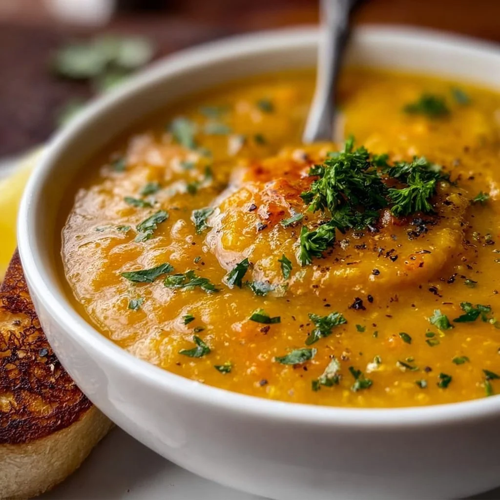 Bowl of Vegan Lemon Lentil Soup garnished with fresh herbs