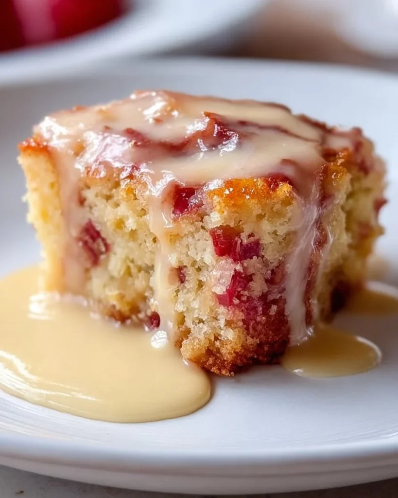 Delicious warm rhubarb cake served with buttery sauce.