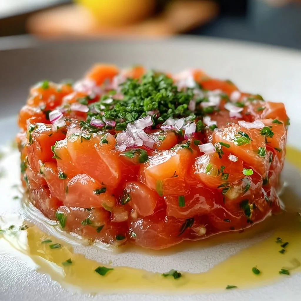 Delicious 25-minute salmon tartare served in a stylish dish.