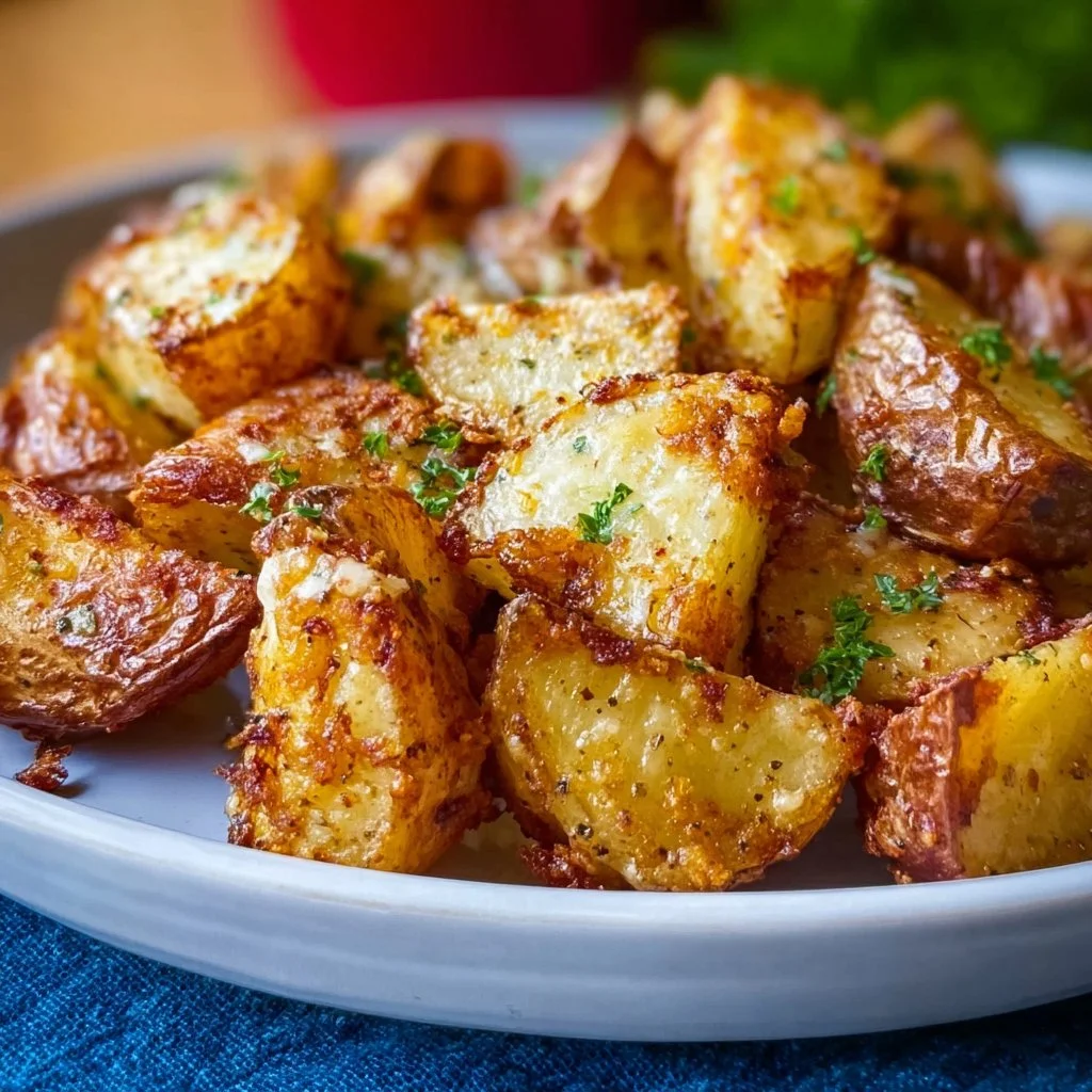 Crispy air fryer roasted potatoes served in a bowl, garnished with herbs.