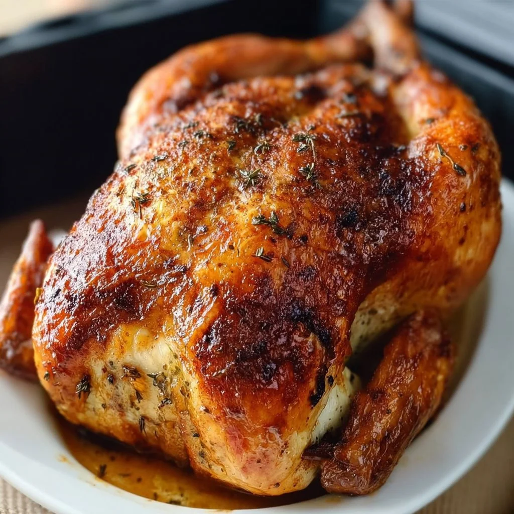 Perfectly cooked Air Fryer Whole Chicken with crispy skin and flavorful seasoning
