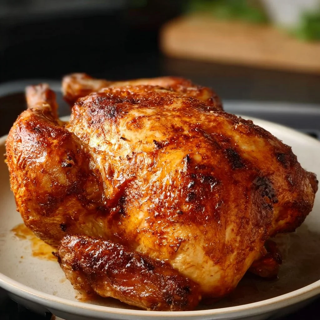 Juicy air fryer whole chicken cooked to perfection with crispy skin.