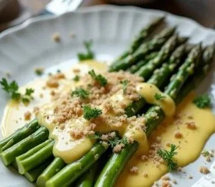 A plate of Asparagus German recipe with herbs and spices.